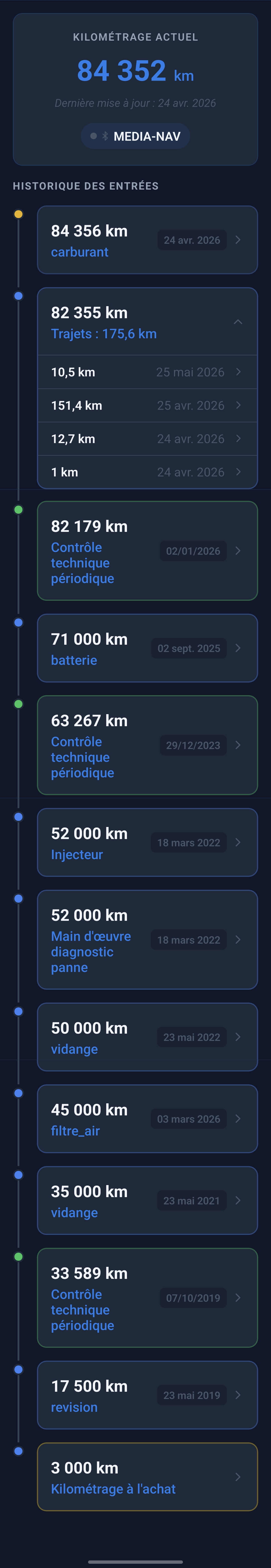 Aperçu de l'écran Historique kilométrage de l'application