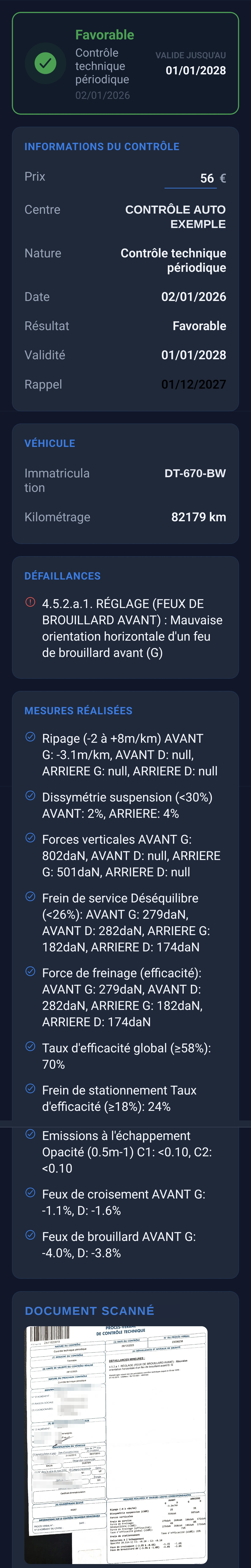 Aperçu de l'écran Contrôle technique de l'application