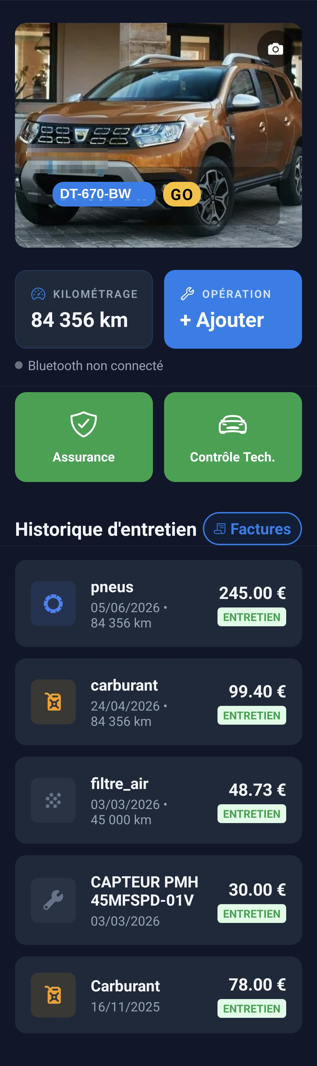 Aperçu de l'écran fiche véhicule (tableau de bord) de l'application